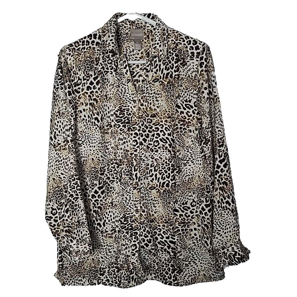 Chico's Tan Black Leopard Print Casual Career Button Down Shirt Womans Size 0